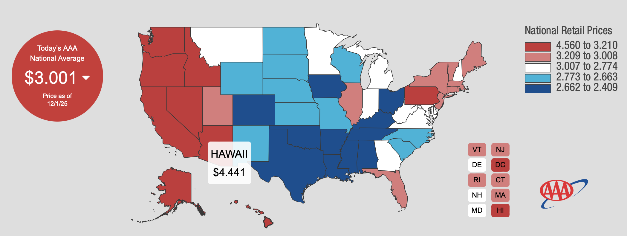 AAA gas prices Dec 1, 2025